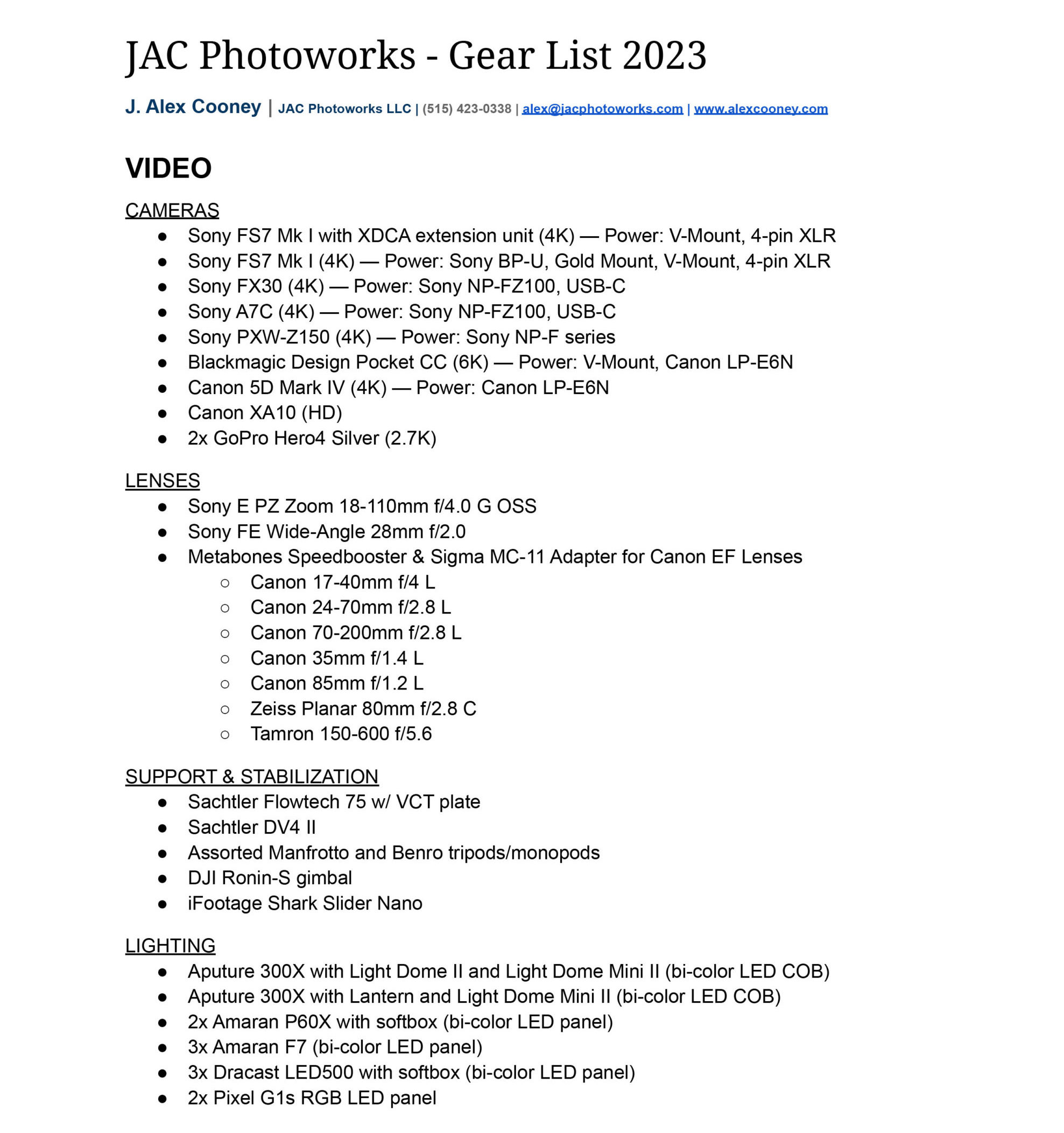 Gear List 2023 J. Alex Cooney